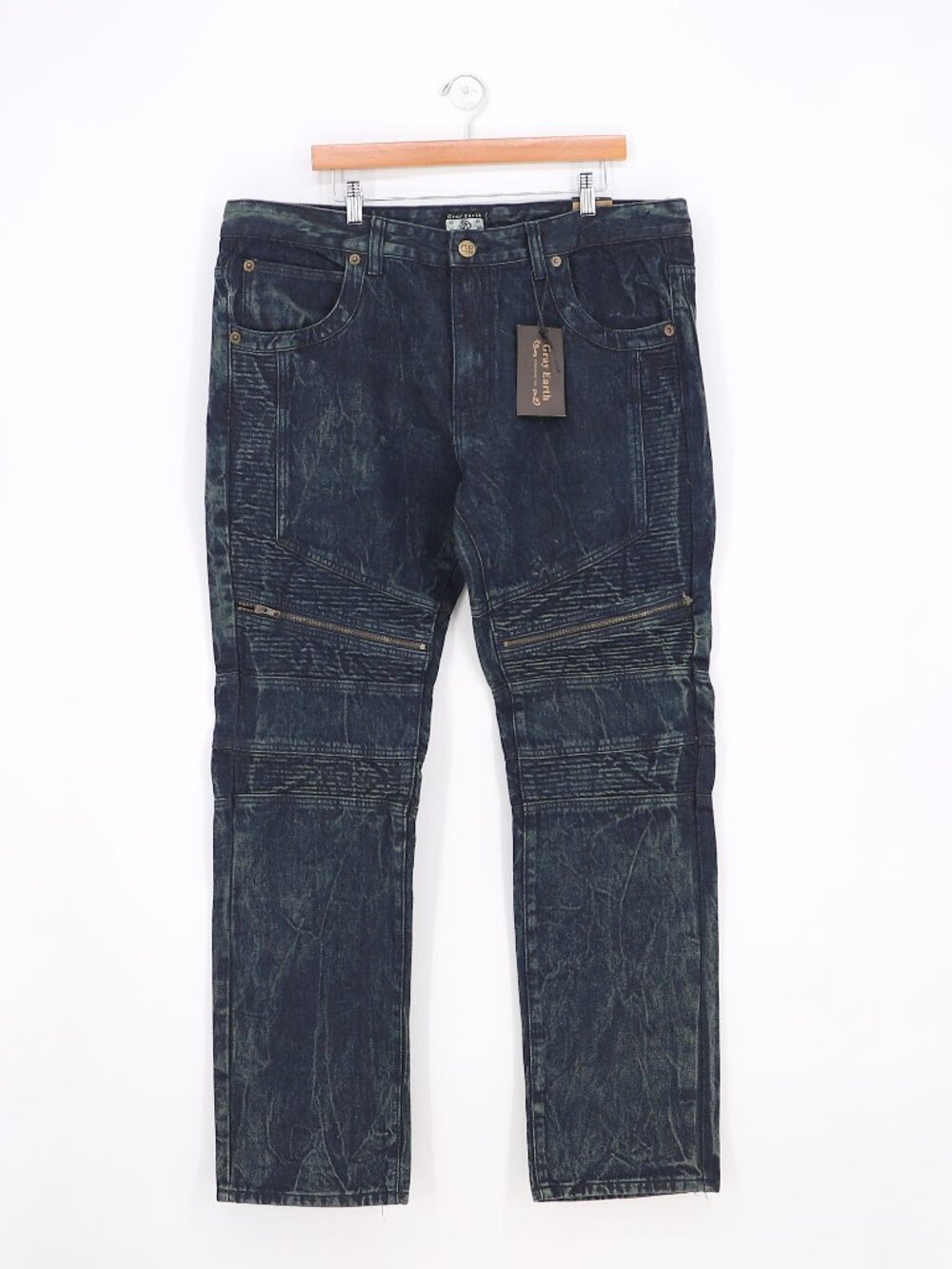 NWT GRAY EARTH Men's Dark Blue Acid Wash Moto Biker Jeans Size 40